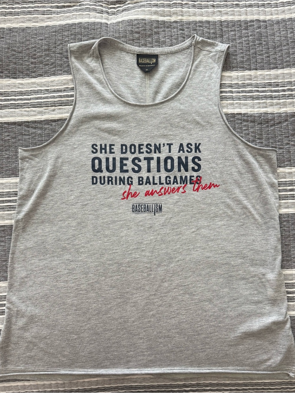 BASEBALLISM Women's Grey Graphic Tank - 'She Doesn't Ask Questions'
